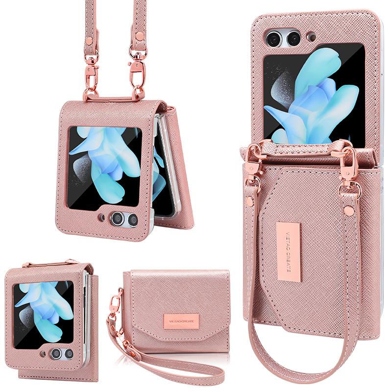 Custodia Vietao per Samsung Galaxy Z Flip 7, Portafoglio Portacarte in Pelle per Donna con Laccetto da Polso per Galaxy Z Flip 6, Oro Rosa