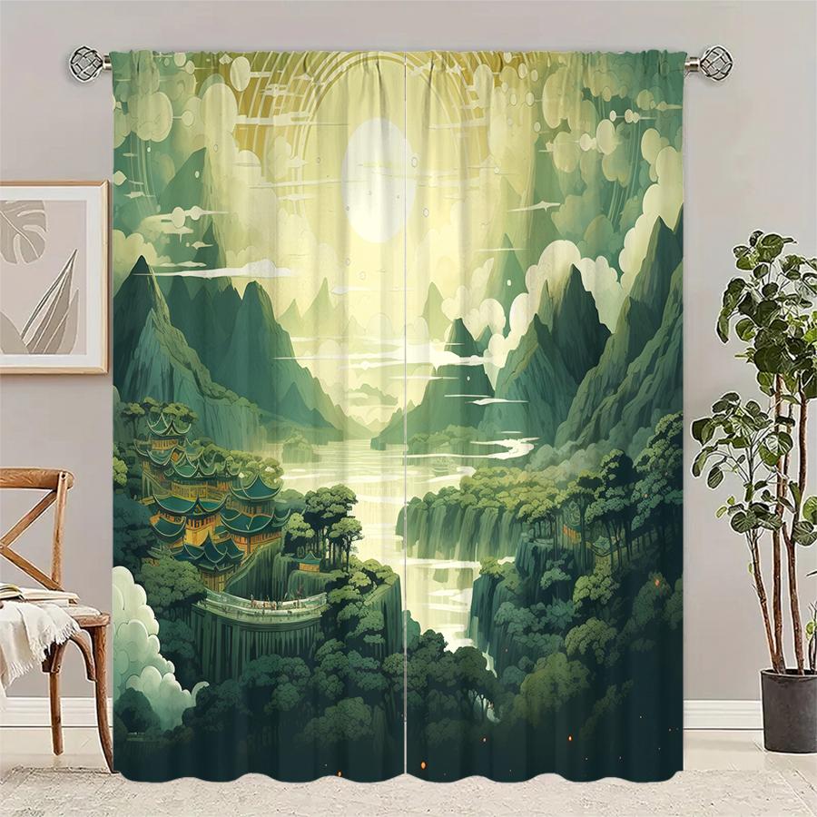 

2 шт. Шторы с принтом пейзажной живописи, Подходят для украшения спальни, гостиной, кухни, Домашнее украшение, Украшение окна 14Wx59L(35x150CM)x2&Rod Pocket