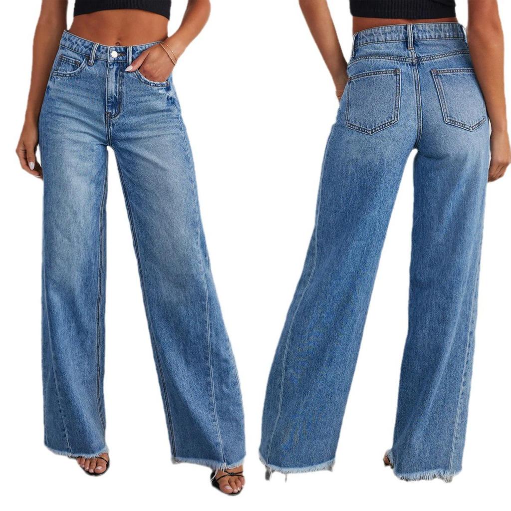 2023 Women's Loose Wide-Leg Patchwork Frayed Hem Jeans