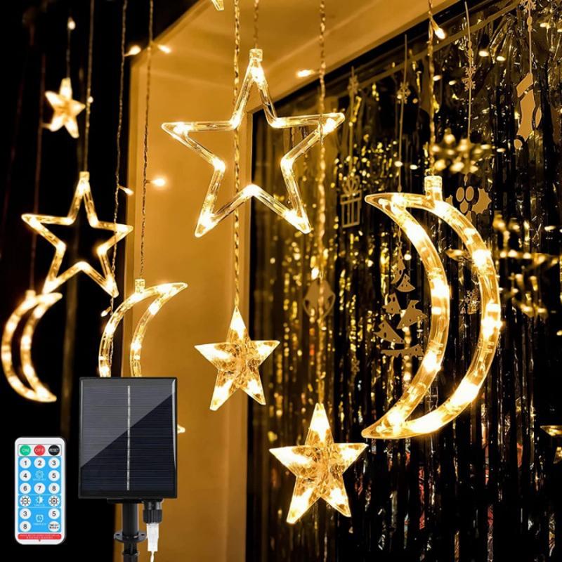 3.5M Solar Moon Star Curtain Lights Waterproof 8 Modes LED Fairy String Lamp for Christmas Party Window Garden Holiday Decor