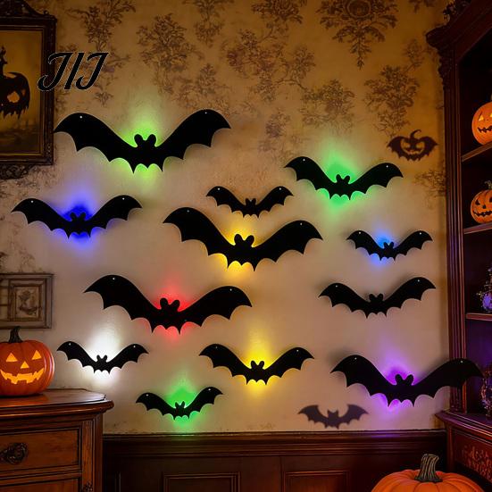 Gruselige Eingang Dekoration Halloween 3D Beleuchtete Fledermaus Wanddekoration, Abnehmbare Filz Fledermaus Aufkleber, Verschiedene Montierte Verzierungen Größe, LED Leuchtende Haftsticker