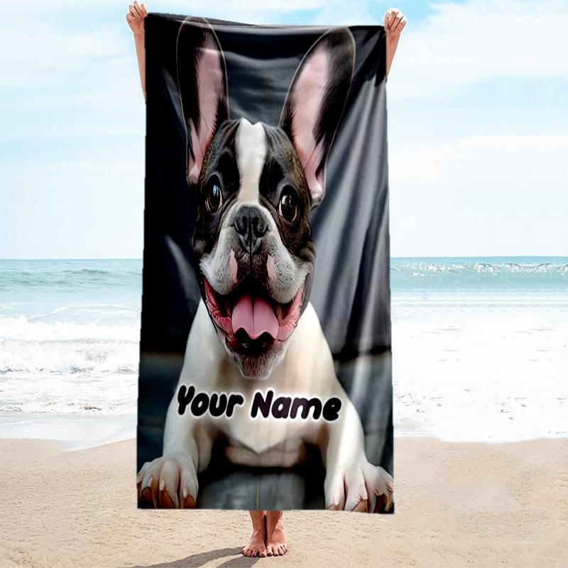 1PC Custom Name French Bulldog Portrait Beach Towel Highly Absorbent And Sand-Resistant Towel for Swimming, Pool, Yoga, And Travel Lightweight