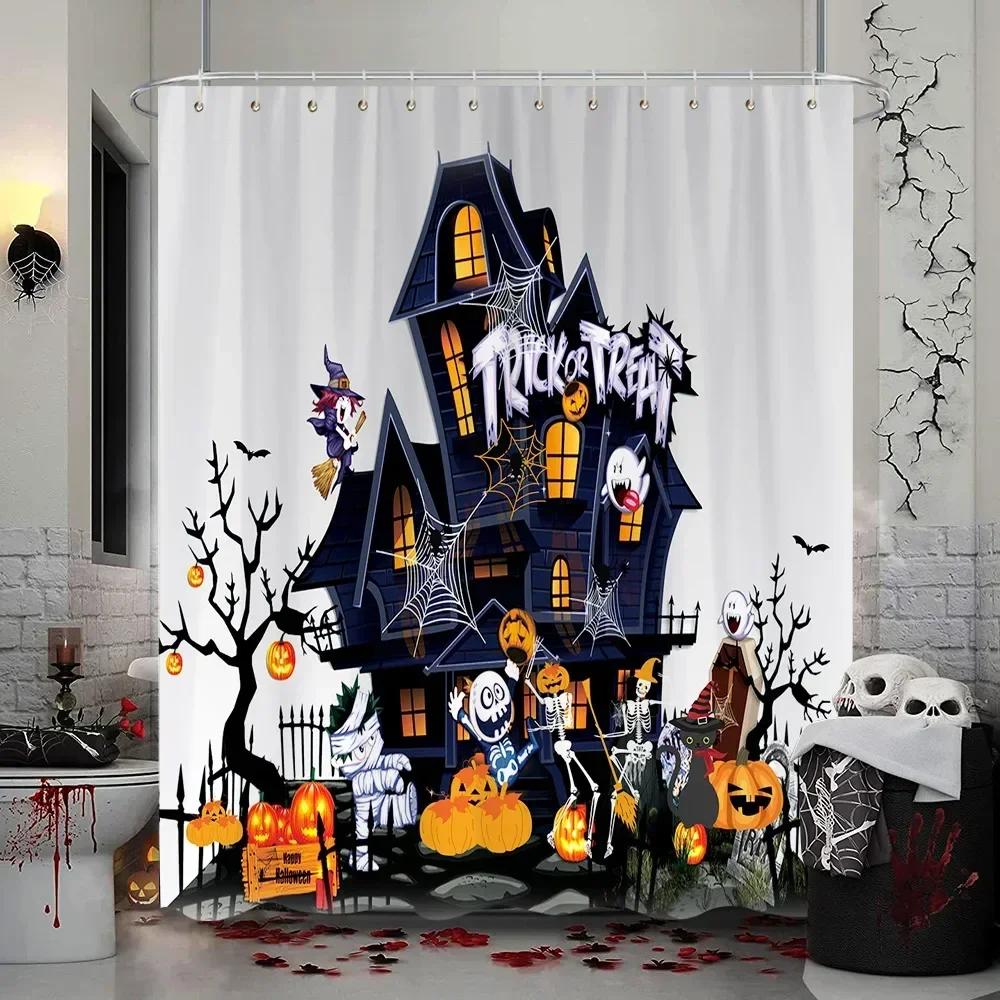 Läskig Halloween-duschdraperi, Vattentätt tyg med Spökhus, Döskallar, Skelett & Spöken för Festlig Badrumsinredning