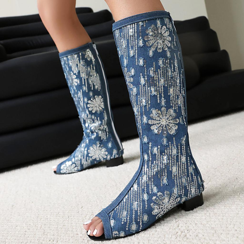 European and American Spring and Summer New  Boots Denim Sequined Thick Heel Fish Mouth High Boots Cool Boots