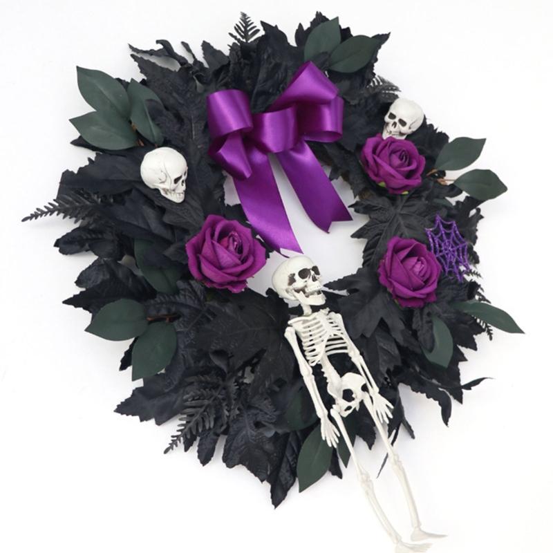 Halloween Front Door Wreath, Artificial Floral Wreath with Black Purpler Leaves Hanging Decoration for Front Door Entryway Wall