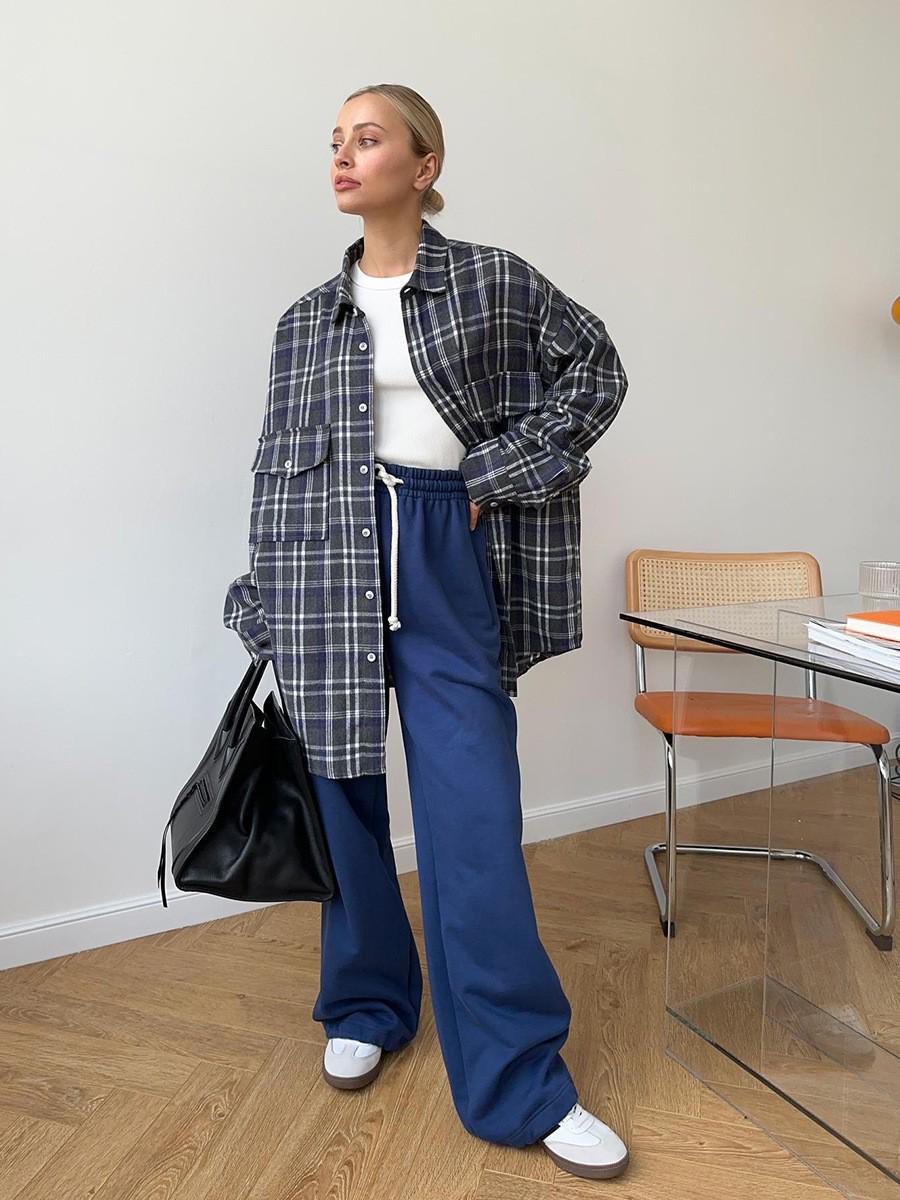 

2024 Women s Retro Plaid Shirt - Autumn, American Style, Double Pocket, Mid-length, Loose Fit L темно-синий