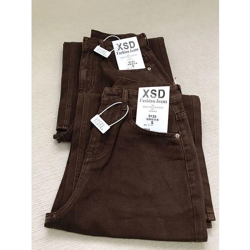 Retro Coffee Narrow Version Straight Jeans Women's Autumn and Winter New High-waisted Loose and Thin Casual Wide-leg Trousers