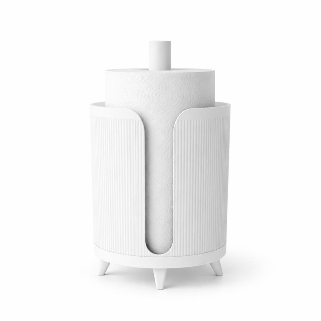 White paper towel stand with legs and kitchen holder