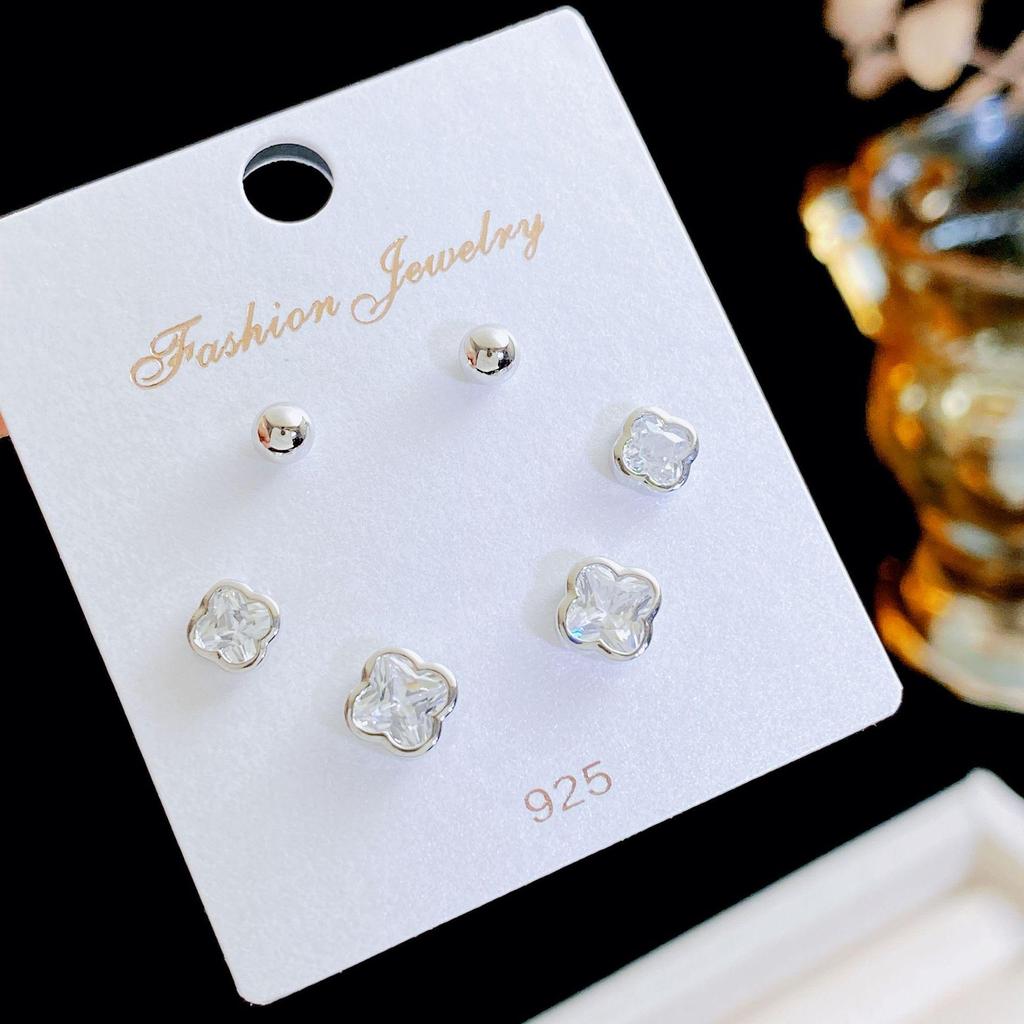 Kanamina Prachtige Vierklapper Diamant-Belegde Oorbellen, s925 Zilver, Veelzijdig Modeaccessoire (Set van Drie Paren)