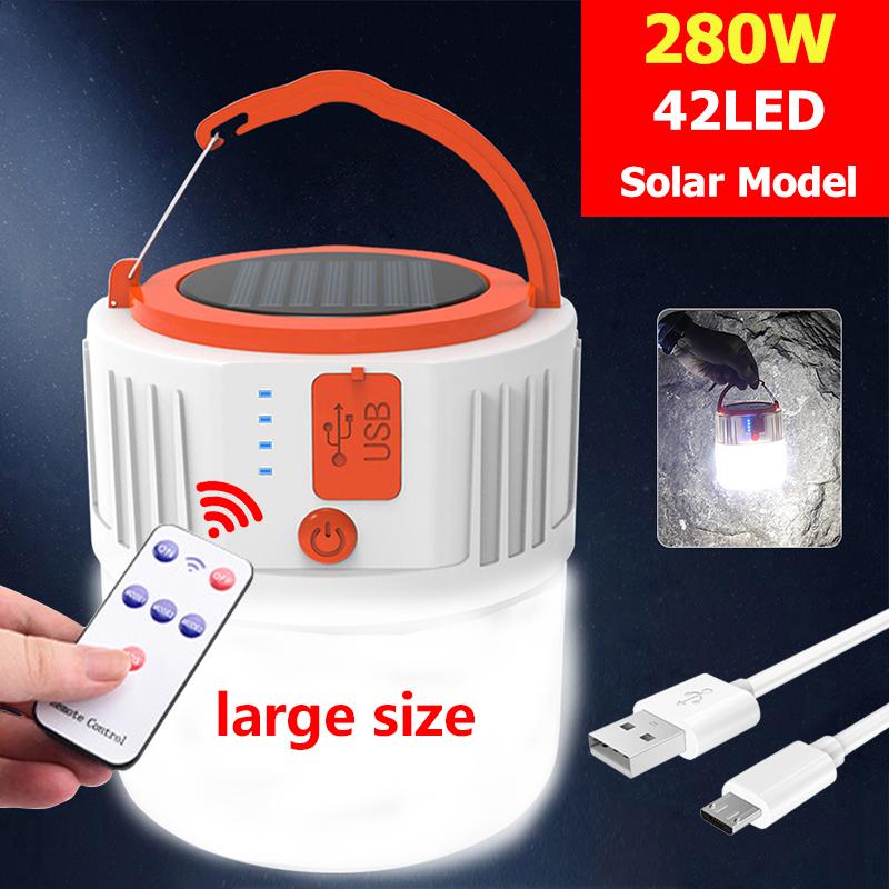 Portable Lanterns 280W Remote Control Solar LED Lantern For Outdoor Camping Tent Lamp Emergency Light USB Rechargeable Bulb