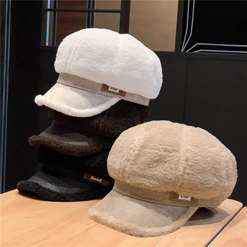 Women Lamb Fleece Duckbill Hats Thicken Warm Octagonal Newsboy Beret Cap Cold-proof Plush Artist Painter Caps Fashion New Style