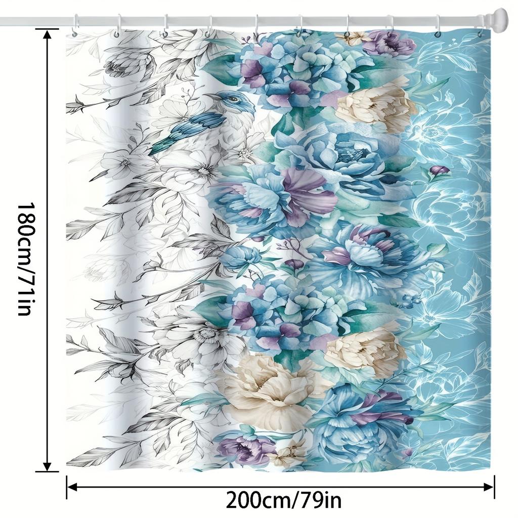 Vibrant Floral Art Shower Curtain - Aqua Blue Background, Spring Flowers Design, Machine Washable, Includes Hooks