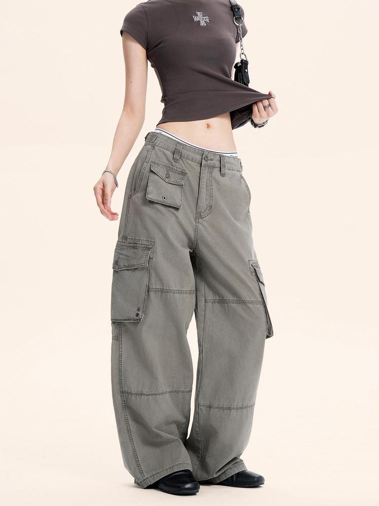 Yongfang Unisex Retro Spodnie Casualowe z Wysokim Stanem i Wieloma Kieszeniami z Kontrastowymi Przeszyciami.