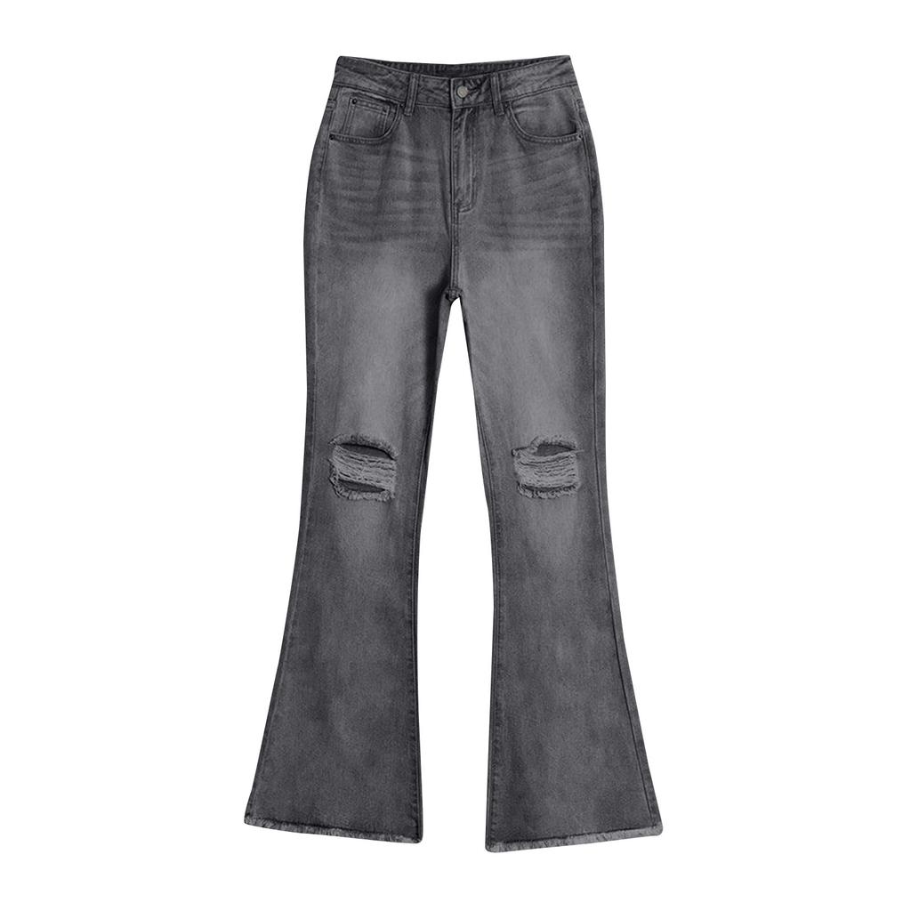 Ladies' Pocket Denim Wide Leg Pants With Holes And Slightly Flared Jeans