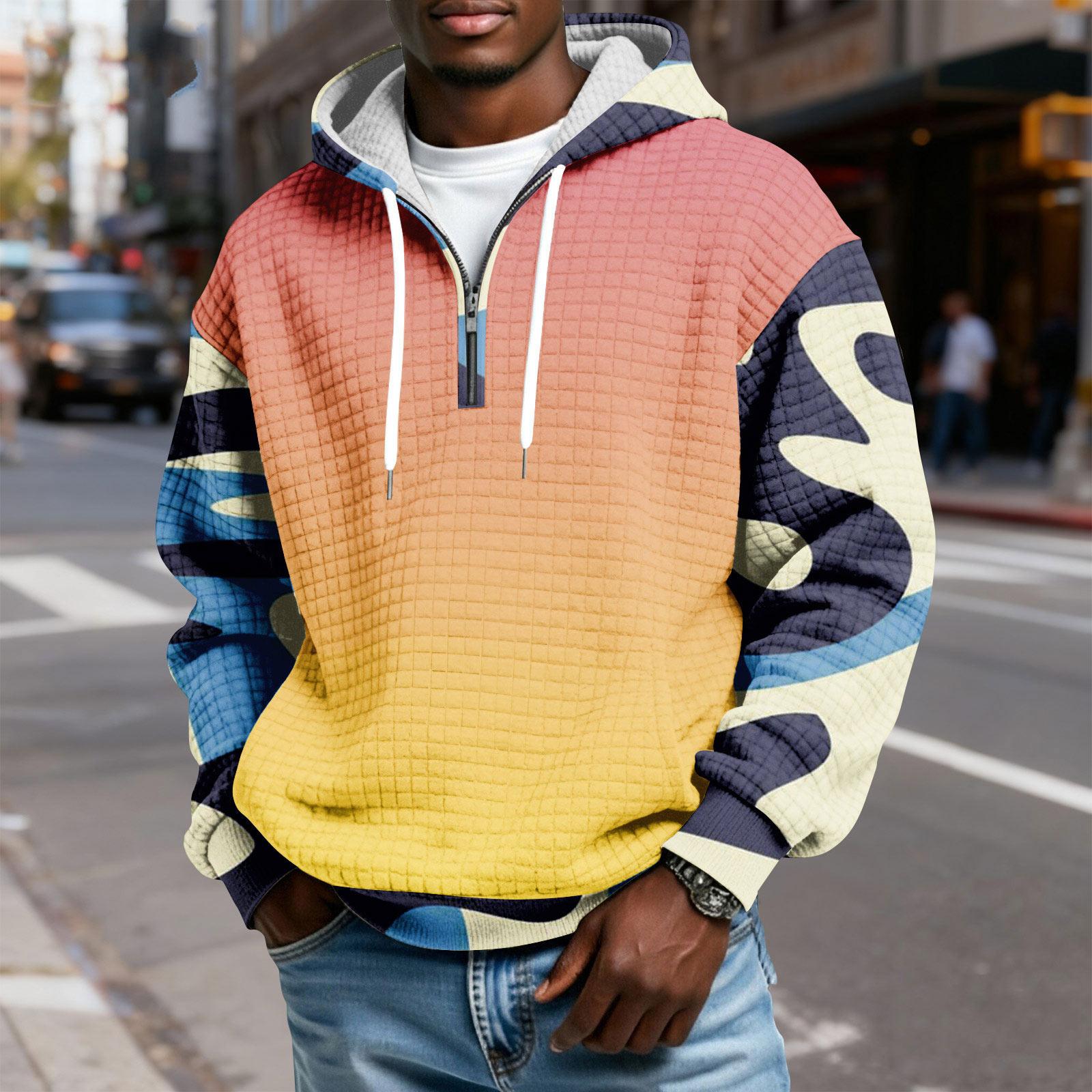 

Men s Half-Zip Hooded Plaid Pullover Drawstring Print Casual Sports Sweatshirt XL шафрановый