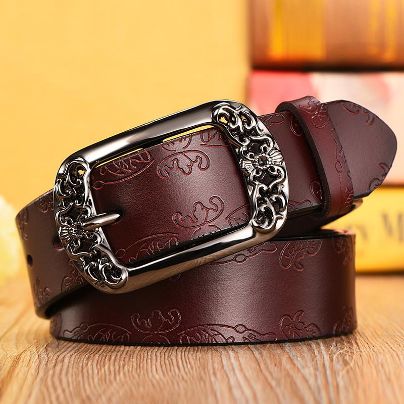 Pulaiteqi Vintage Leather Belt For Women With Round Buckle Elegant Two Layer Cowhide Accessory