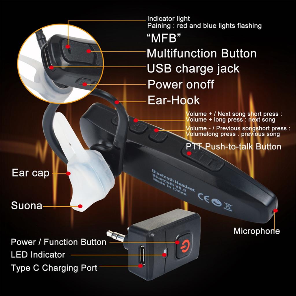 AA58 Walkie Talkie Wireless Bluetooth PTT Headset Earpiece Hands-Free K Plug for KENWOOD Microphone Headset Adapter