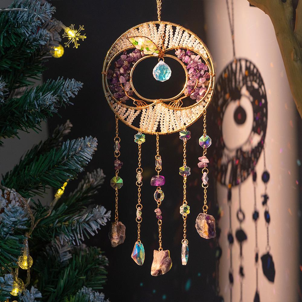 Hand-Woven Wind Chimes Life Tree Dream Crystal Wind Chime Crystal Stone Room Decoration Engraving Christmas