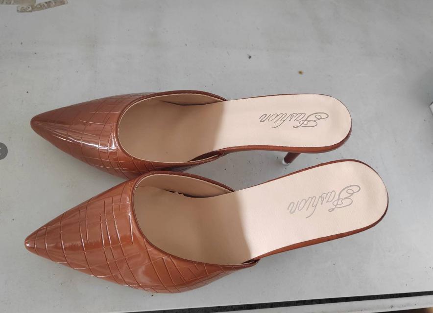 Plus Size Pointed Toe Leather Heels - Shallow Mouth, Thin Heel, Solid Color, Lazy Shoes (Size 42)