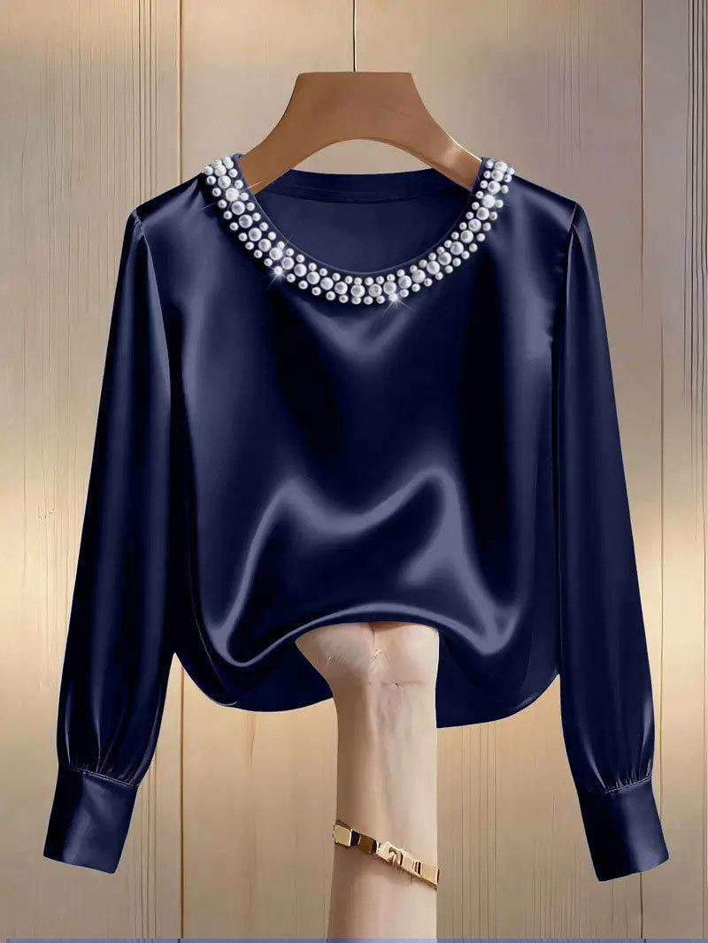 

French Style Pearl Round Neck Satin Shirt - Women s Spring/Summer Collection Medium Темно-синій