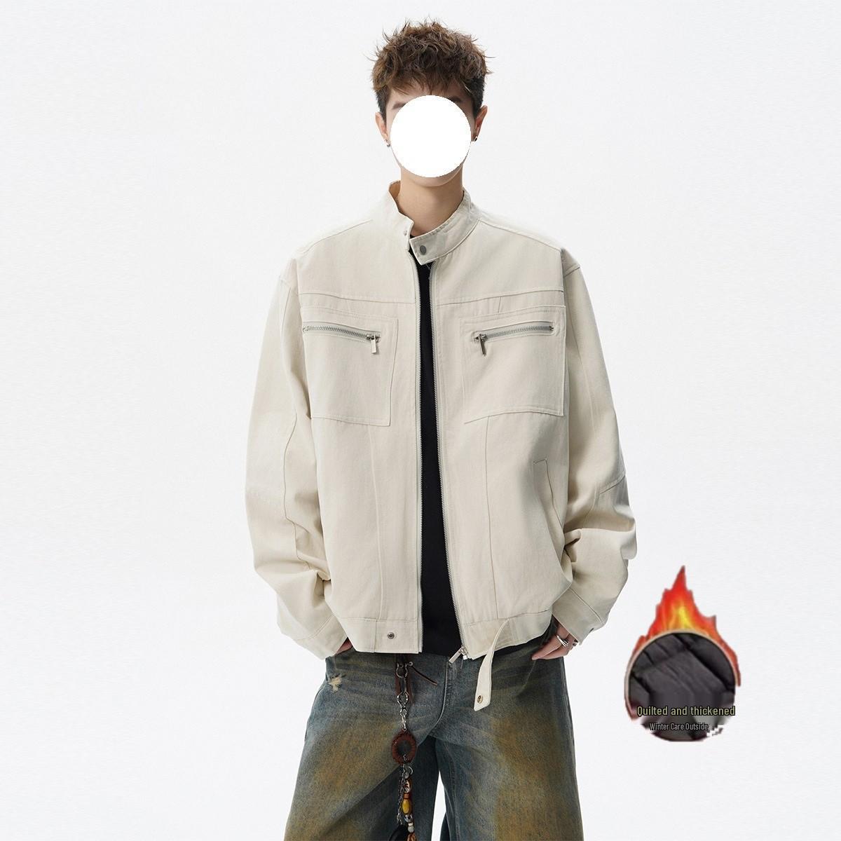 Men s Retro Canvas Patchwork Jacket - American Style Stand-Up Collar Casual Outerwear XL