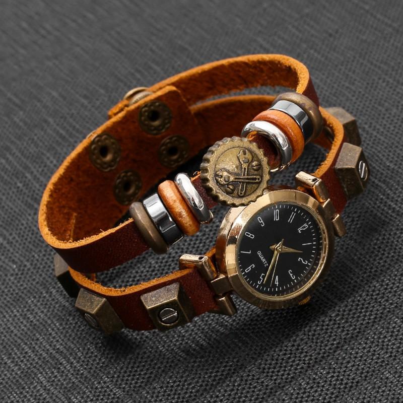 Vintage Punk Mens Leather Watch With Handmade Beaded Band Digital Quartz Wristwatch Adults