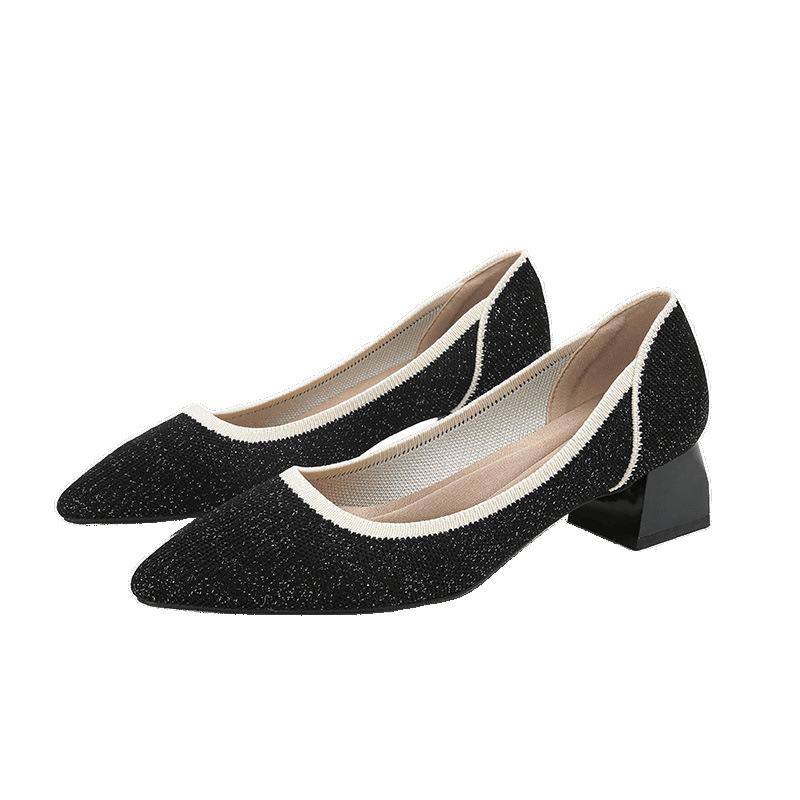 Spring and Summer New Women's Pointed Shiny Mesh Knitted Single Shoes Breathable Middle Heel Casual Shoes