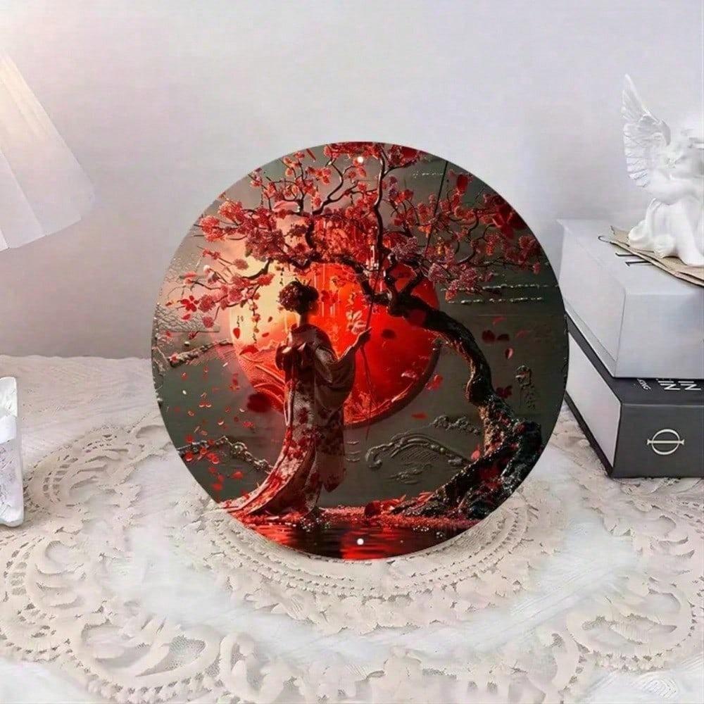 8x8 Inch Round Metal Wall Art Japanese Woman Kimono Cherry Blossom Vintage Home Decor UV Resistant Scratch Proof Hanging Sign