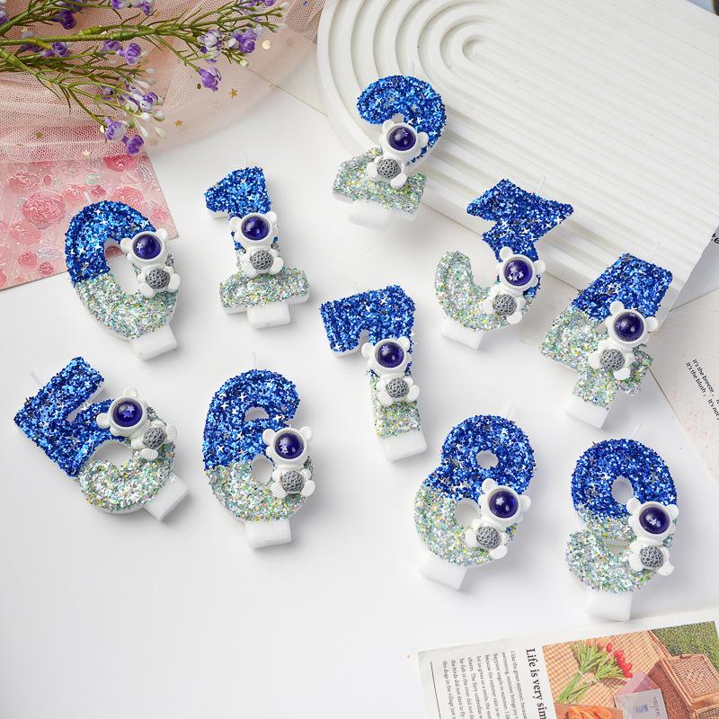 Creative Astronaut Birthday Cake Number Candles with Sequins - Fun Cartoon Atmosphere