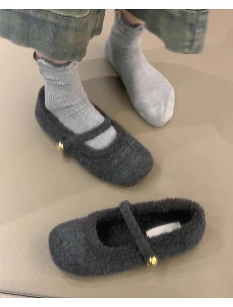 Xiaoxiangfeng Fluffy Shoes Women's Flat-bottomed Cotton Slippers Autumn and Winter Outer Wear Design Sense Soft-soled Mary Jane Velvet Single Shoes