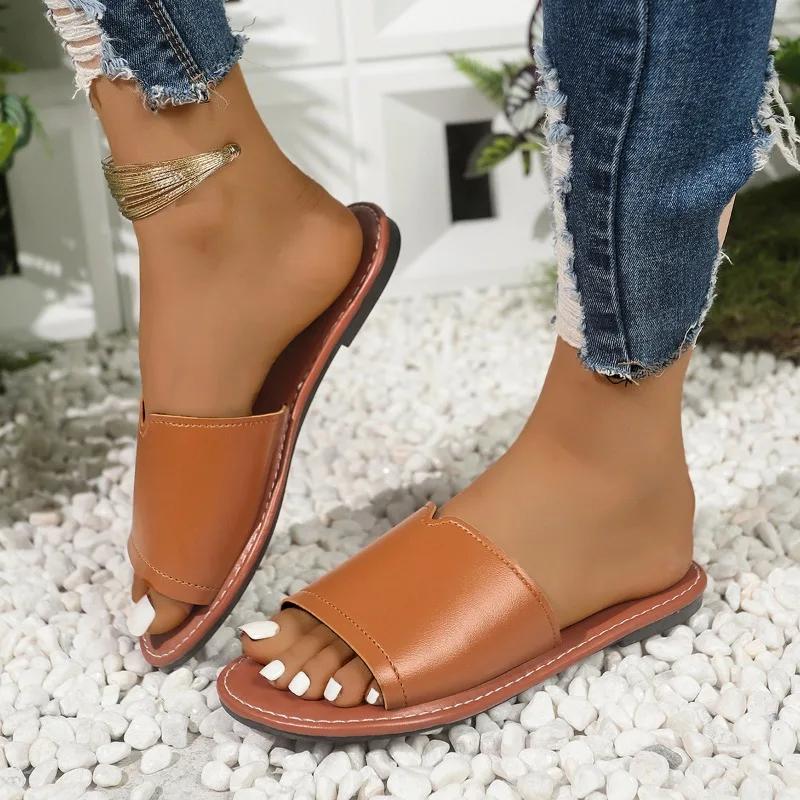 

Мода 2025 Лето Базовые женские тапочки Модные уличные повседневные тапочки Женские Новые С открытым носком Большой размер Лаконичные плоские тапочки Zapatos 43 светло-коричневого