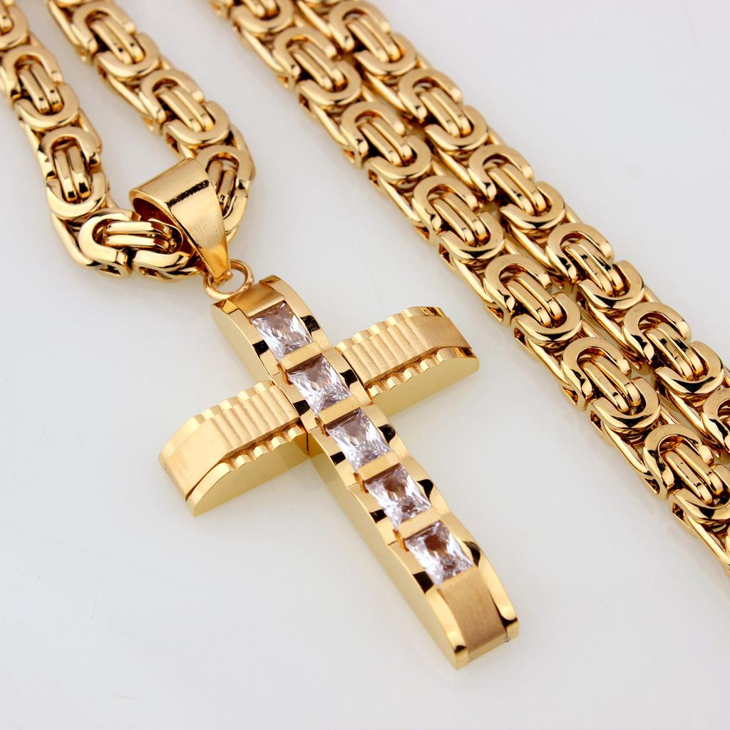 New Men Women Crystal Cross Pendant Gold Color 316L Stainless Steel 16-40" Byzantine Chain Necklace for Choose Popular Jewelry