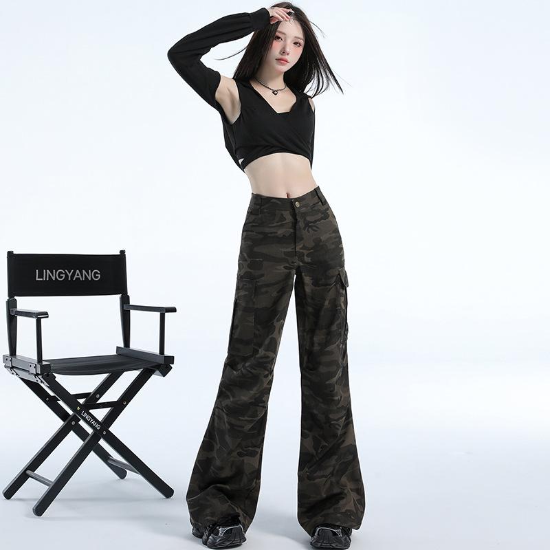Women's American Retro Camo Work Pants: Spring High Street, Hip Hop Style, Loose Micro Flare, Floor-Length, Drape Casual Trendy.