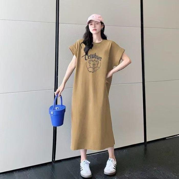 Crew neck cartoon t-shirt skirt women s Korean version loose casual age reduction foreign style flying sleeves split dress long dress summer M хаки
