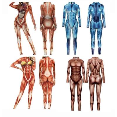 Women Human Body Muscle 3D Print Jumpsuit Elastic Tight Bodysuit Halloween Cosplay Costumes Party Role Play Dress Up Outfit