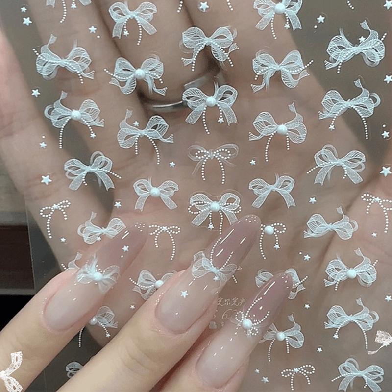 Autocollant pour ongles en forme de nœud en dentelle perlée avec diamants en relief, autocollant adhésif stéréoscopique à faire soi-même
