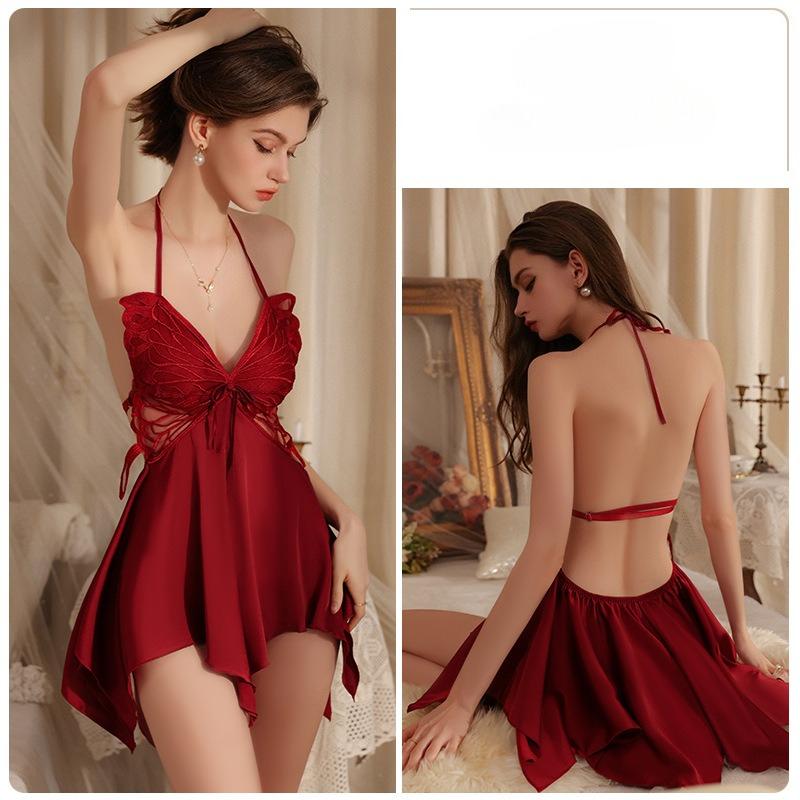 Plus Size Women’s Sexy Sleep Dress Backless Halter Nightdress Ice Silk Camisole Dress with Padded Push-Up Bra