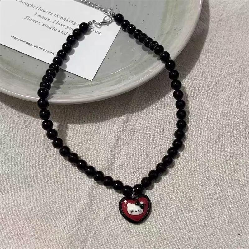 Sweet cool wind~ retro niche design dark kitty cat cartoon cute beaded necklace collarbone chain sweater chain