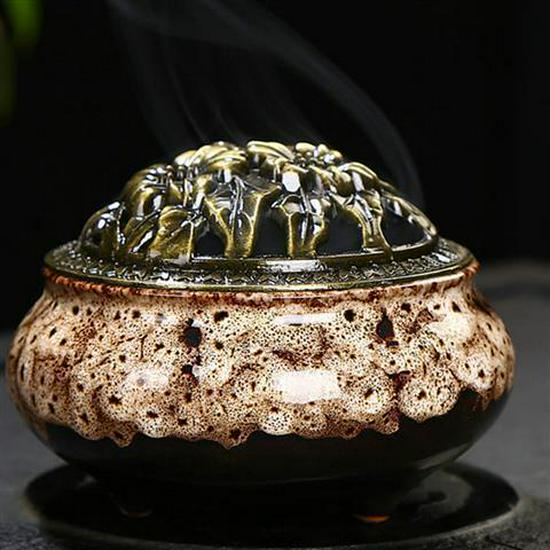 Colorful Crackle Glaze Ceramic Aromatherapy Burner with Bronze Cover for Household Incense and Mosquito Repellent