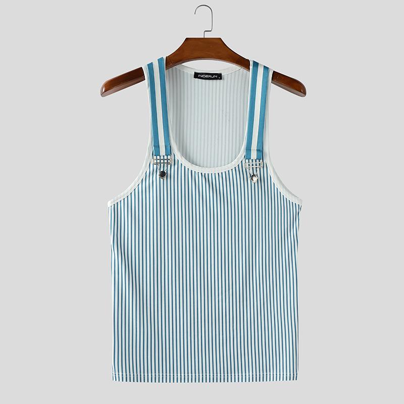 INCERUN Men Strap Sleeveless Striped Print Casual Fitted Tank Tops