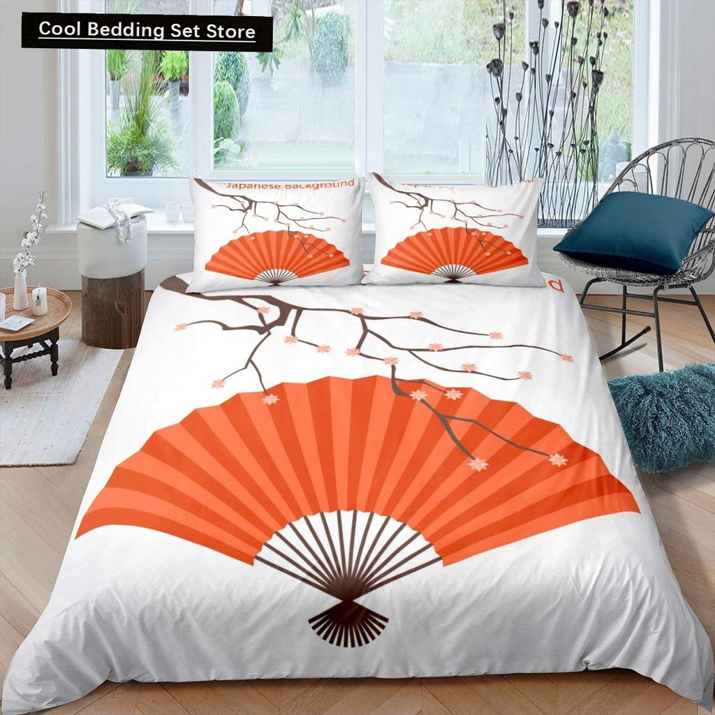 Japanese Style King Queen Duvet Cover Koi Fish Cherry Bedding Set Ukiyo-E Geisha Quilt Cover Sun Crane Polyester Comforter Cover