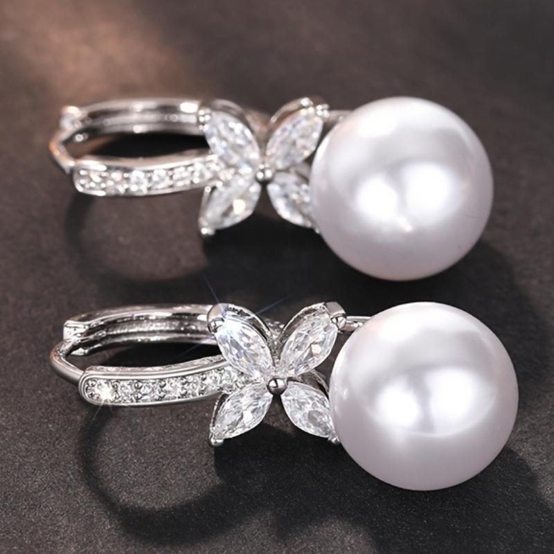 Drop Earrings for Wedding Women Simulated Pearl Pendant Accessories with Bright Zirconia Luxury Graceful Jewelry