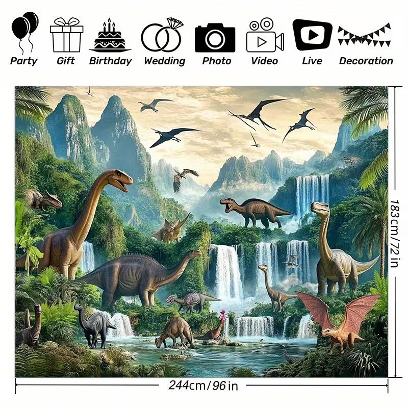 Kids Dinosaur World Tapestry, Tropical Jungle Waterfall Jurassic Landscape Wall Art for Bedroom, Living Room