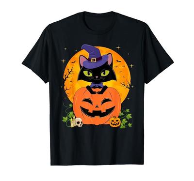Halloween Witchy Black Cat And Pumpkin Black Unisex S-5XL  AD578 Unisex T-Shirt