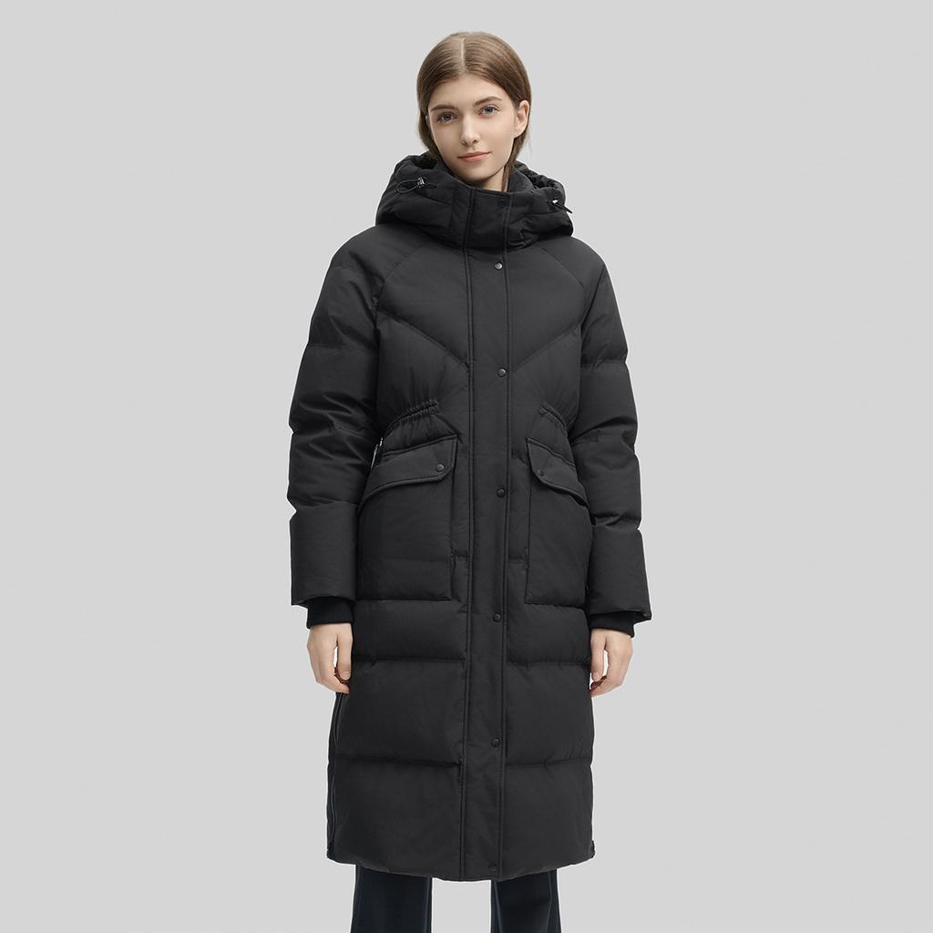 FILA Emerald Series Versatile Solid Color Warm Long Hooded Down Jacket Women outerwear Black F11W444921FBK