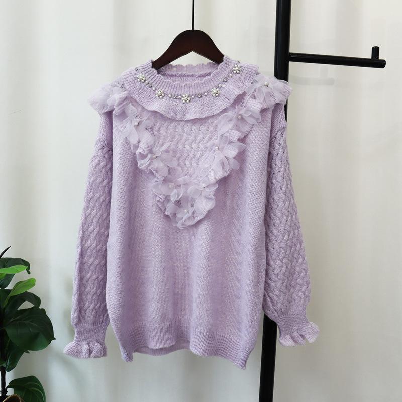 Bead Splicing Mesh Knitted Sweater Top Autumn and Winter New Loose Sweet Soft Waxy Gentle Sweater Pullover Woman