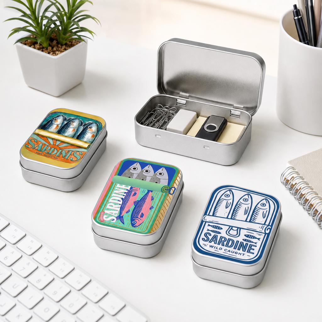 Retro Sardine Print Mini Metal Storage Tin, Portable Hinged Box for Earbuds Jewelry Pills Coins Travel Desk