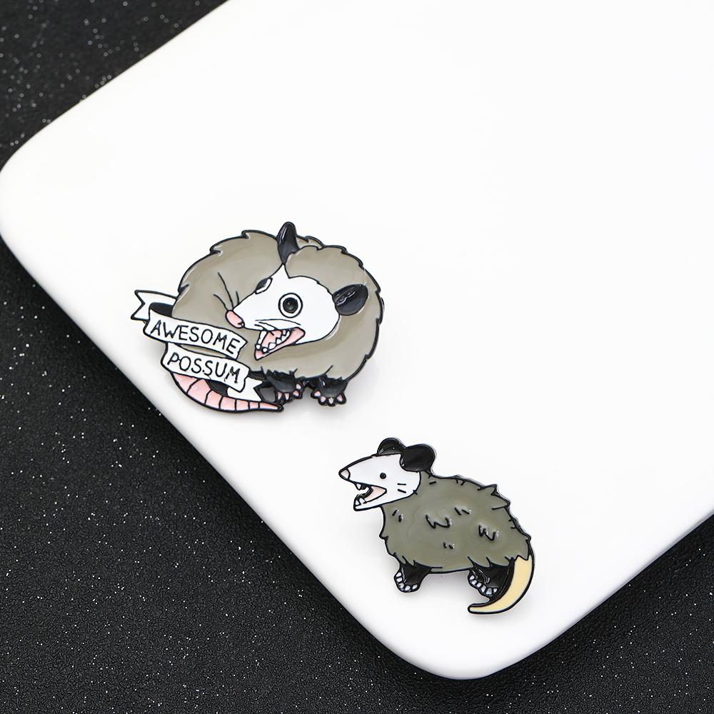Funny Awesome Possum Shaped Brooches Grey Enamel Fierce Opossum Pins Animal Badge