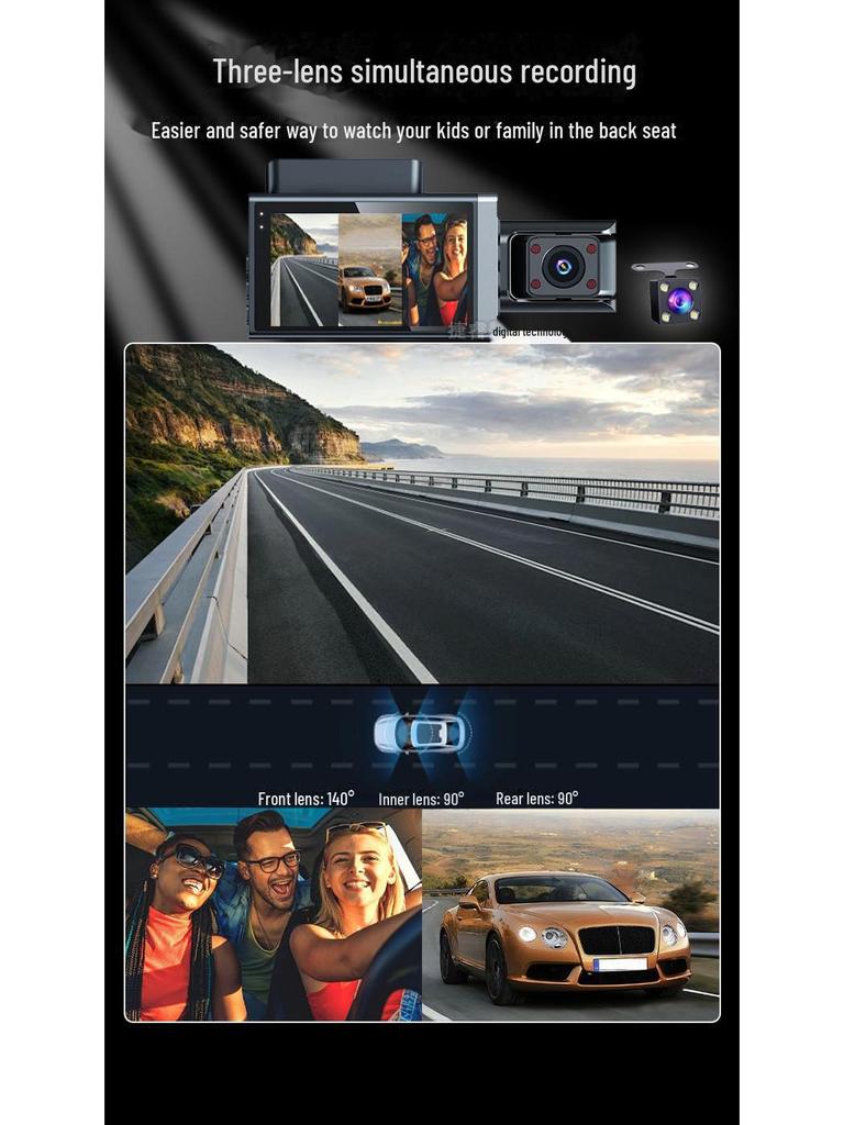 Dash Cam WiFi HD da 3 pollici con visione notturna e tripla lente per registrazione anteriore, interna e posteriore