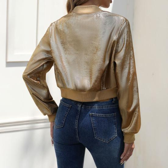Veste de baseball universitaire métallique pour femme Zippée Manches longues Manteau court Vêtement d'extérieur décontracté Automne Hiver